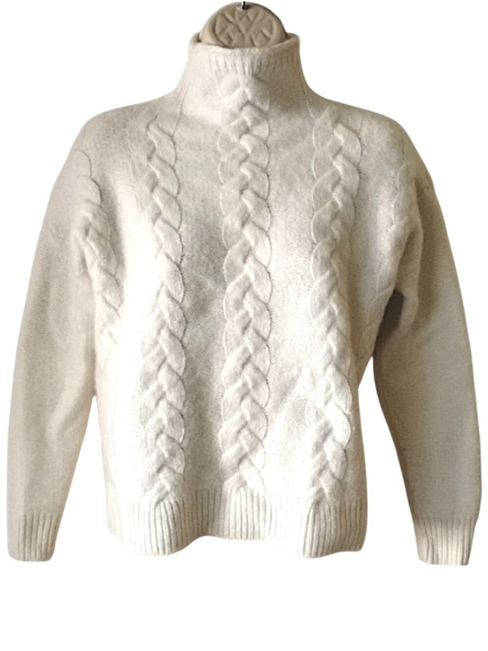 Grenville Cableknit Mockneck Alpaca Wool Oversized Sweater XS Antique Cream - Picture 3 of 10